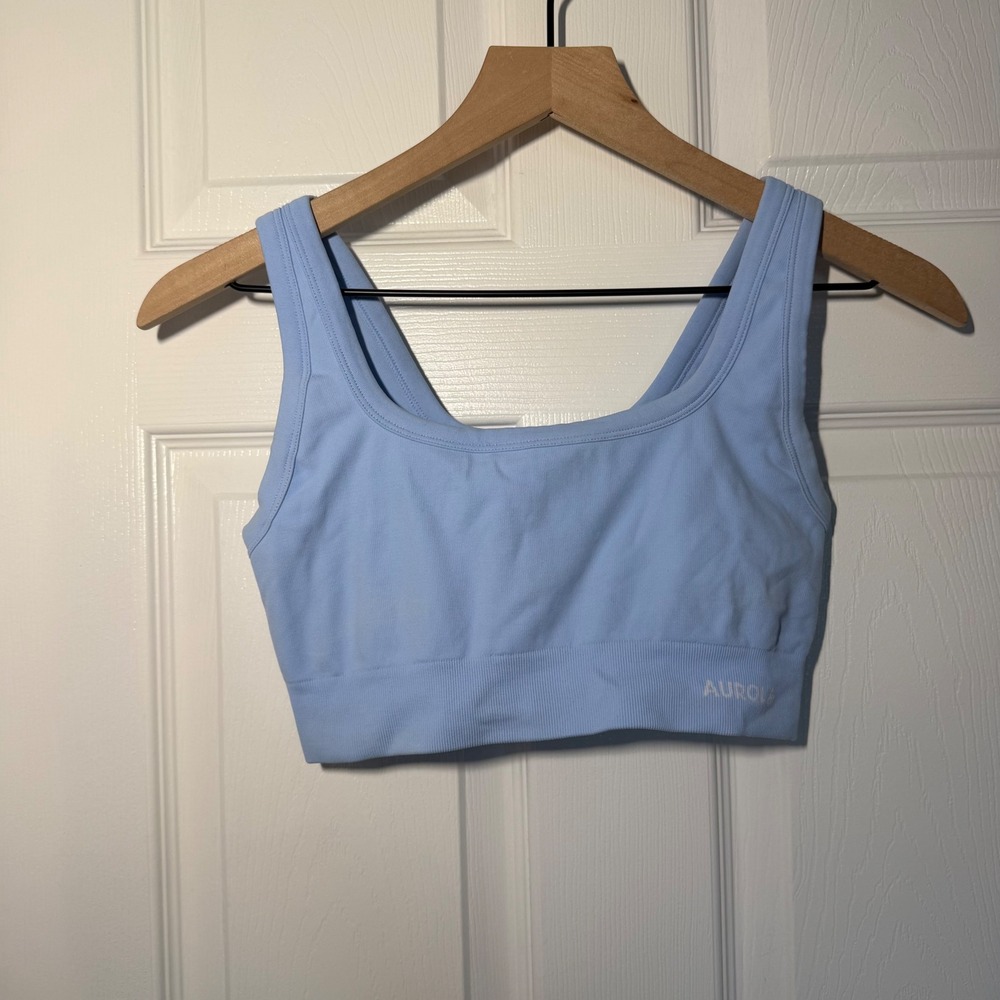 AUROLA Womens Seamless Sports Bra Light Blue Ribbed Activewear Yoga Gym Top